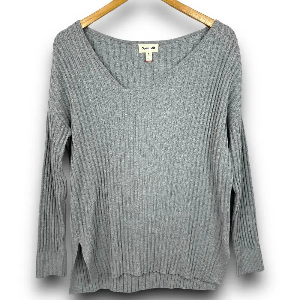 NEW Open Edit Ribbed Sweater Asymmetric Vneck Tunic Long Sleeve Gray Size Small
